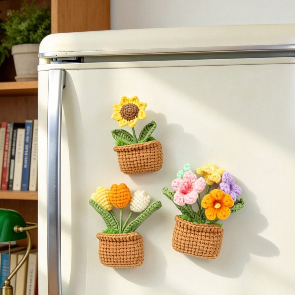 Crochet à la main carré pot vert plante ensemble trois pièces avec lavande multicolore Tulip V