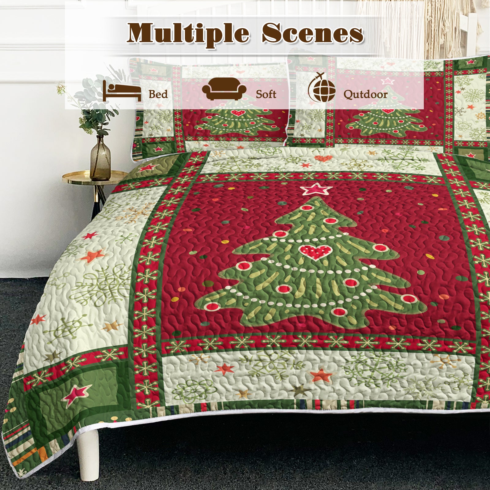 3 pièces Mignon arbre de Noël jeu de courtepointe rouge vert flocons de neige motif couvre-lit léger C