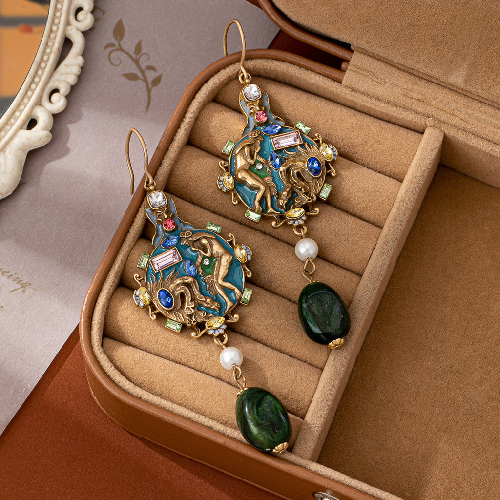 Portrait Pearl Enamel Gemstone Earrings