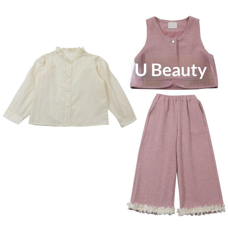 Chemise de Veste en dentelle et pantalons à jambes larges Ensemble de trois-pièces pour enfants