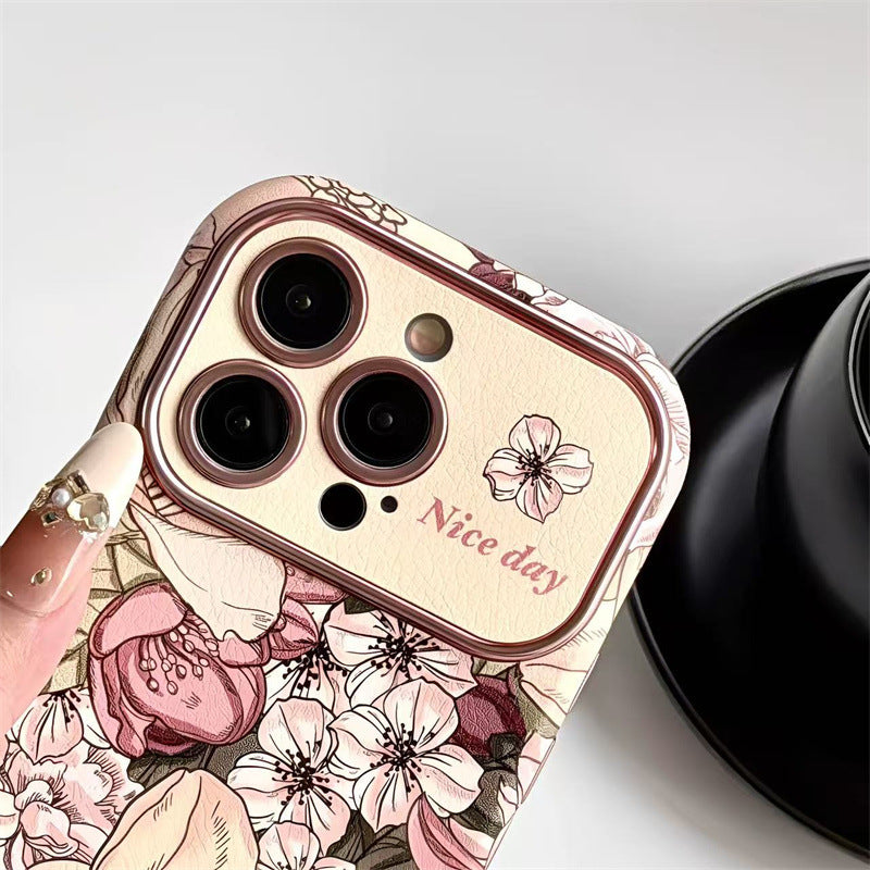 Rétro peinture à l'huile fleur conçu en cuir boîtier de téléphone