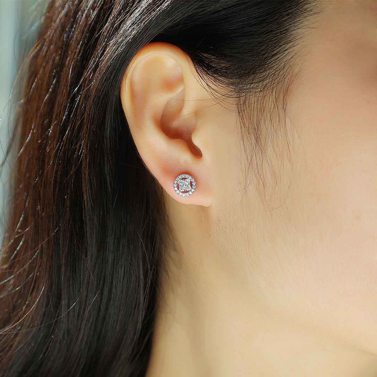 S925 Boucles d'oreilles rondes en argent sterling Halo Sterling