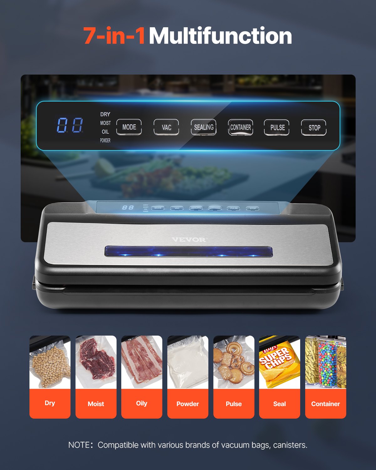 7-en-1 Sealer machine à vide Fast-Compact Automatic Food Saver 120W Sacs & Roll