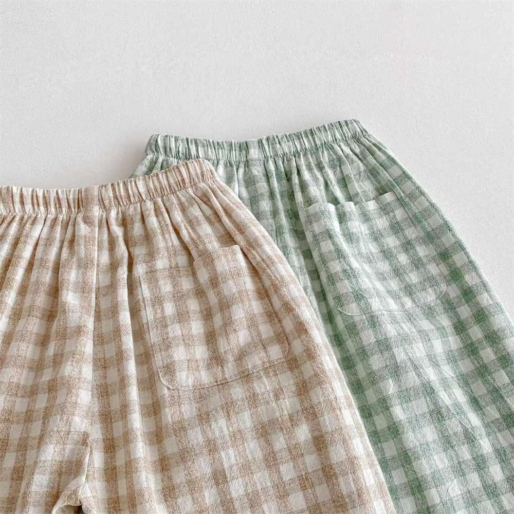 Danss Summer Pantalon de Plaid pour enfants Style mince de lin