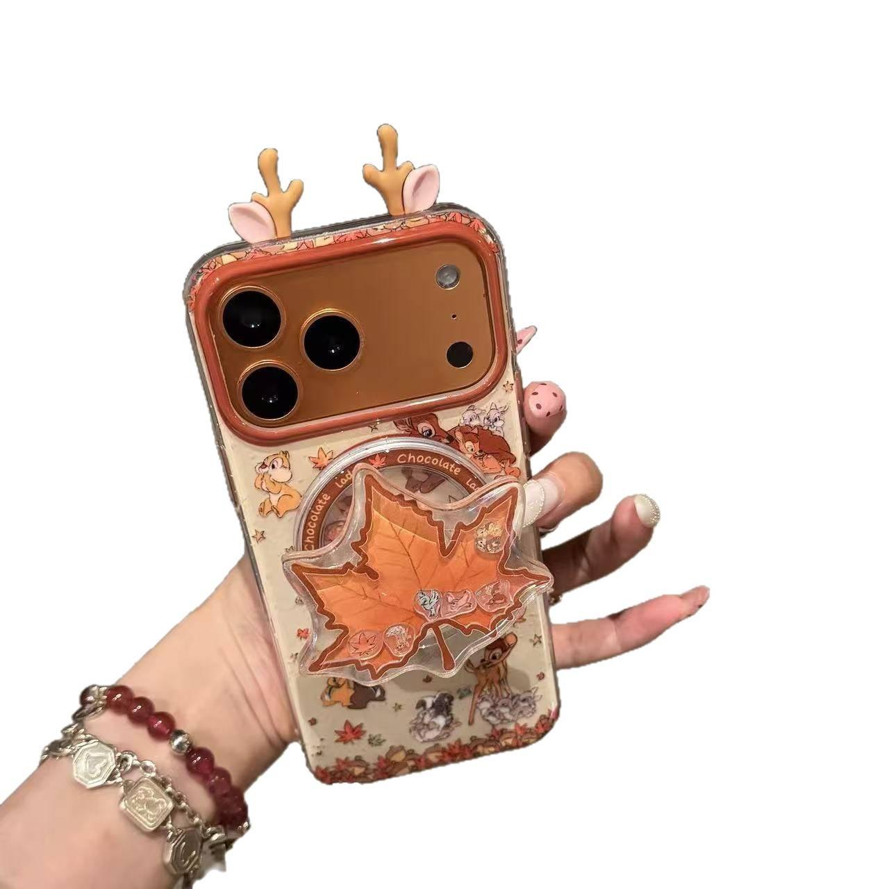 Mignon 3D Deer-Ear étui de téléphone magnétique Maple-Leaf