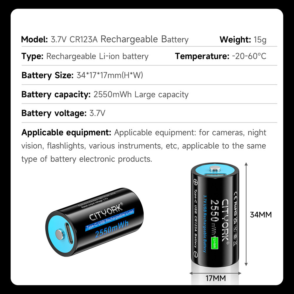 CR123AUSB Grande capacité Type-C 37V Batterie au lithium
