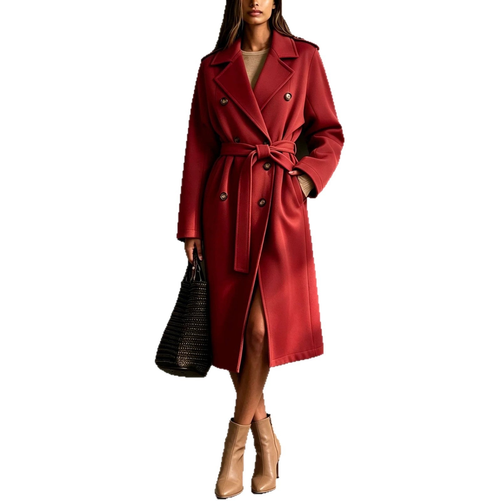 Manteau en laine de longueur moyenne à ceinture double