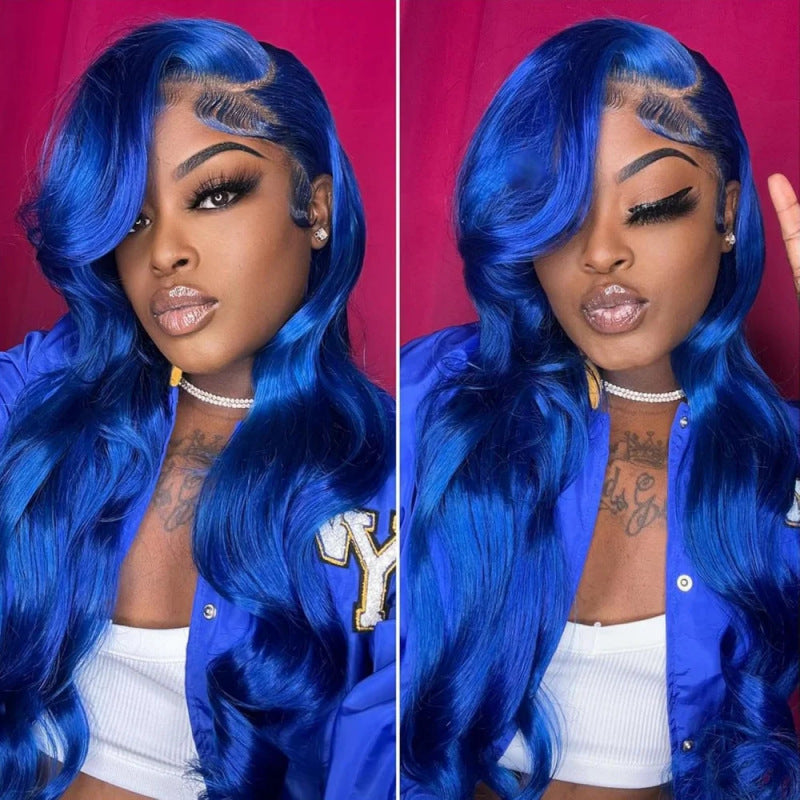 Coiffure mi-longueur femme bleu foncé Big Wavy cheveux bouclés couverture de cheveux devant dentelle