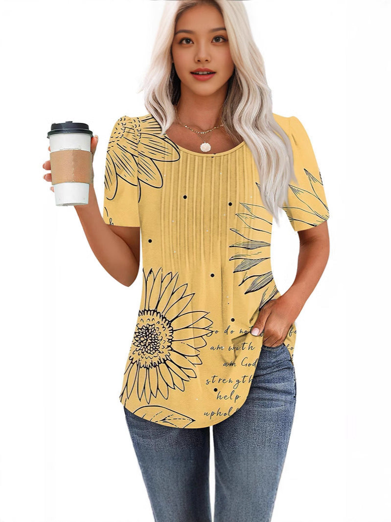 T-shirt à manches courtes à col rond plissé Top femme