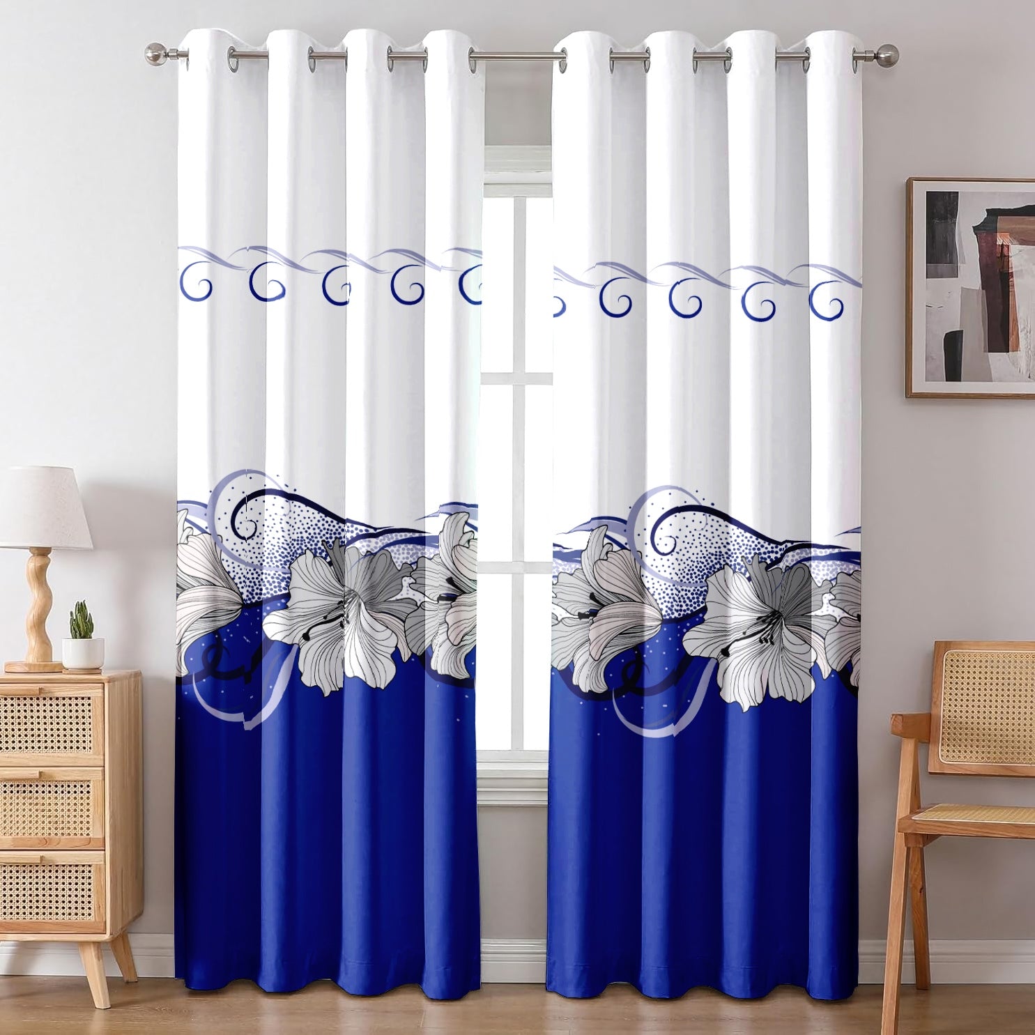 9-Piece bleu et blanc lotus couvre-lit et rideau pour roi