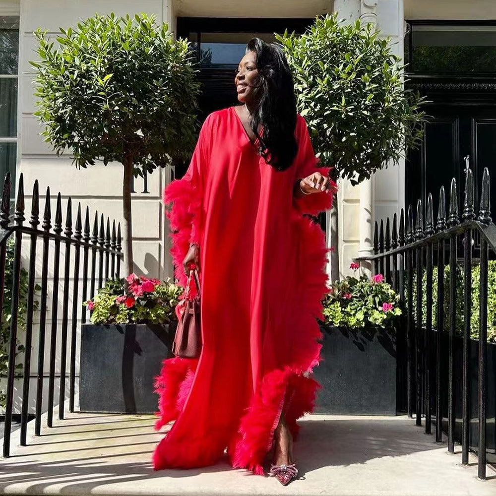 Robe décontractée pour femmes africaines Robe de luxe entièrement encerclée en plumes claires Bâtir Manche haute fente