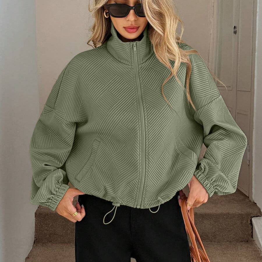European And American Amazon Autumn And Winter High Collar Zipper Hem Drawstring Flap Pock