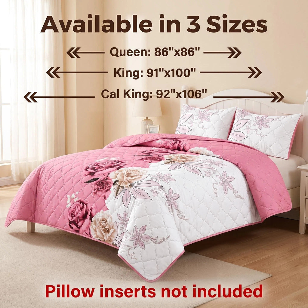 3-Piece Rose Couverture de lit matelassée pour roi et roi de Californie