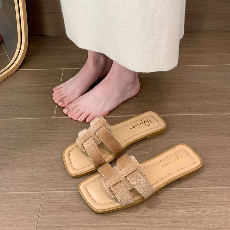Femmes H en forme de croix Strap carré Toe Sandales plates à glissière