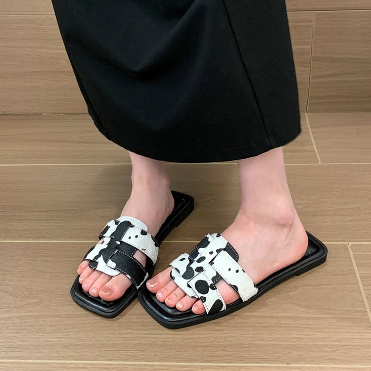 Femmes H en forme de croix Strap carré Toe Sandales plates à glissière