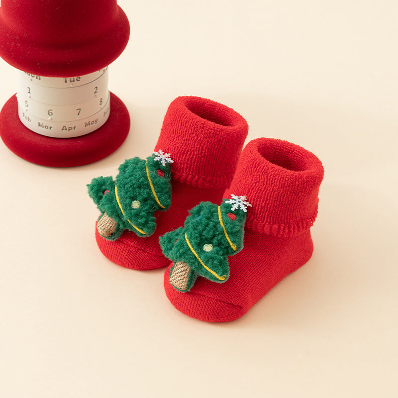 Chaussettes de plancher rouge en coton pur épais, doublées de polaires pour l'automne et l'hiver