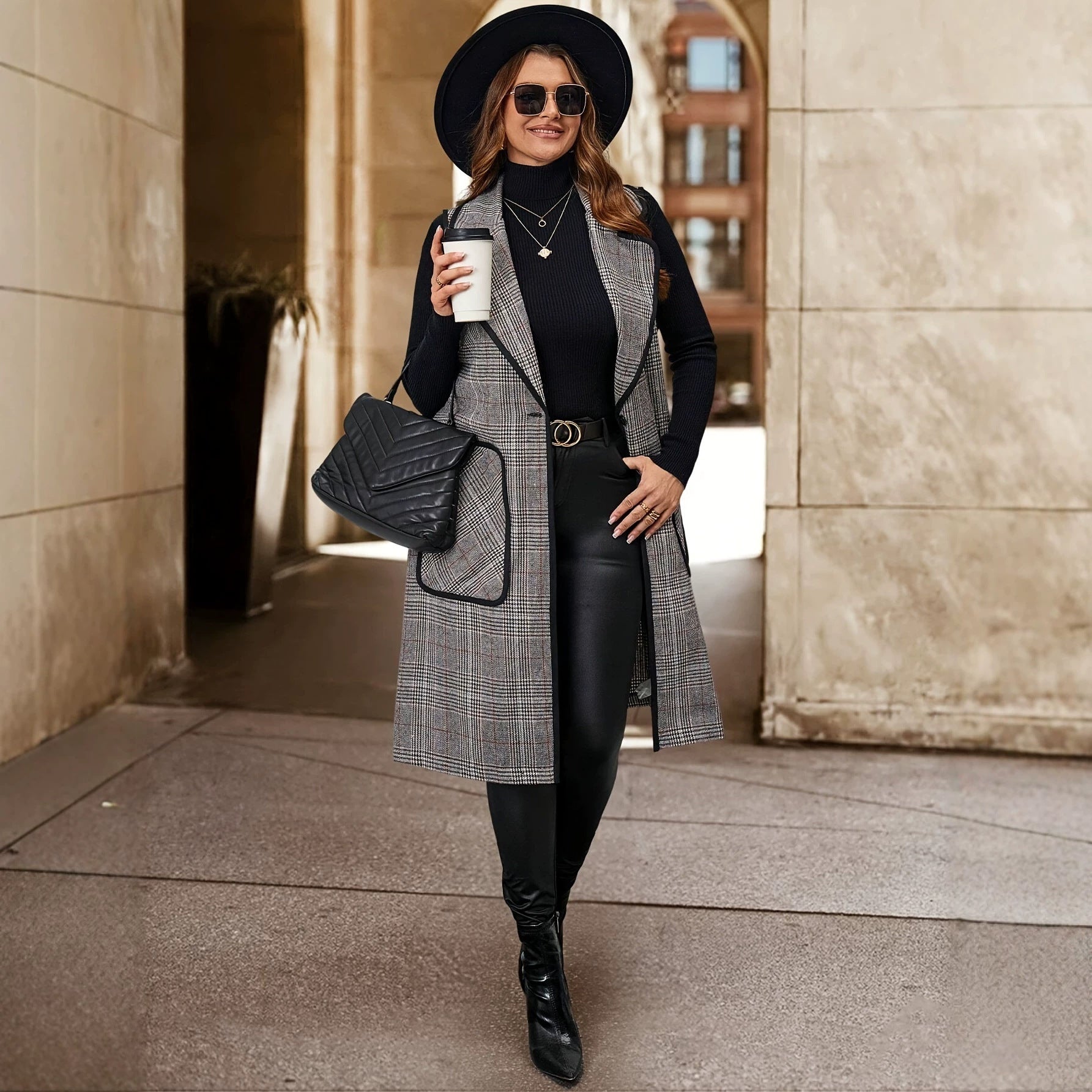 Femmes Élégante Long Houndstooth Veste