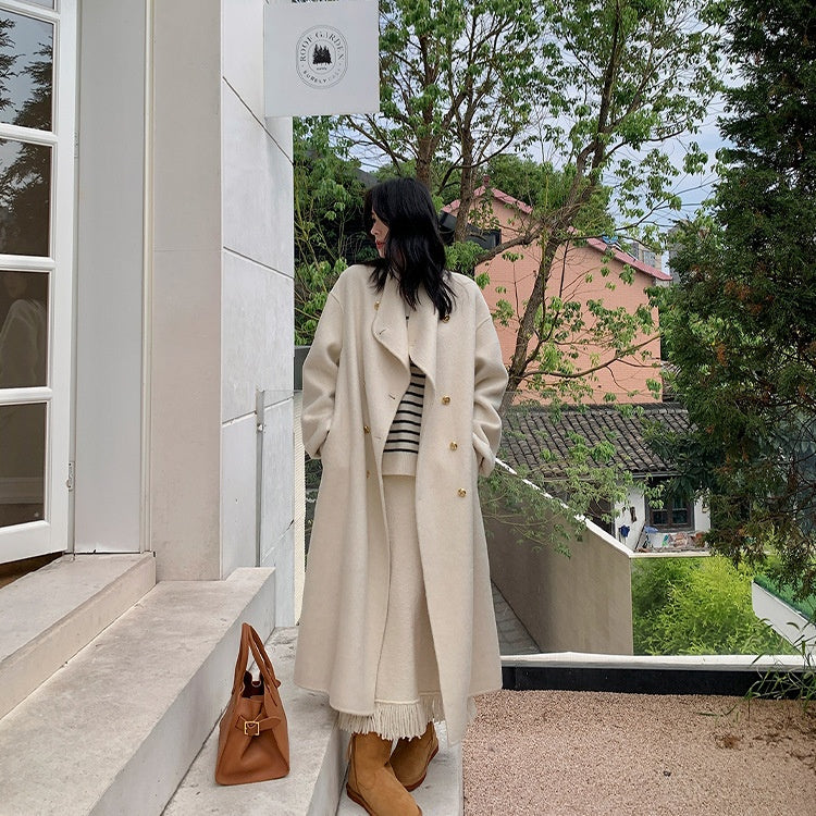 Conception de collier de support Manteau double-à-bras femmes Grand Lapel Long-Loose-fit Laine Overcoat