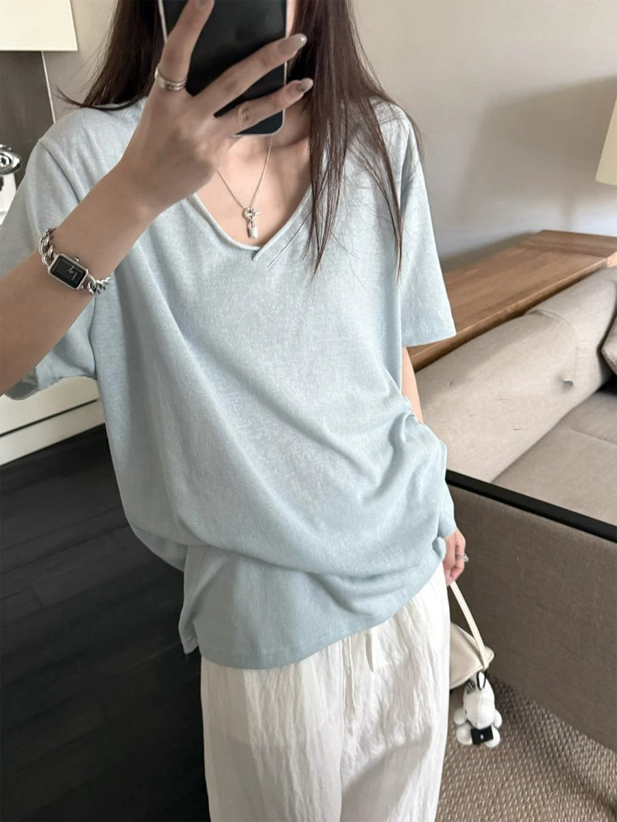 T-shirt respirant col V manches courtes pour femmes