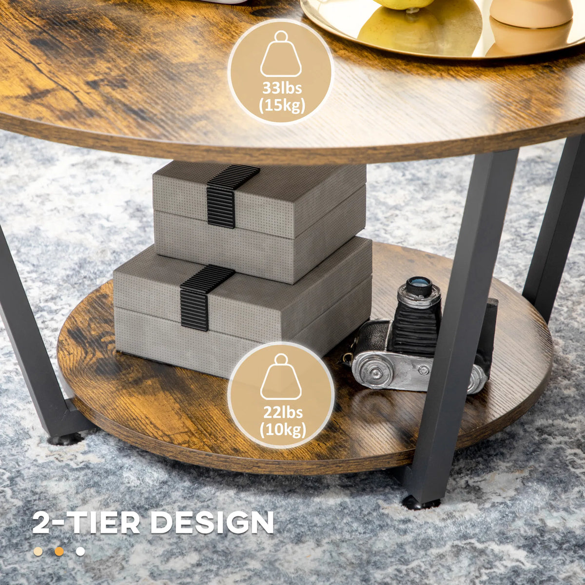 Table à café ronde de 2 étages avec plateau de rangement