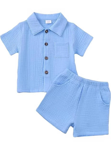 Bébé garçon coton-liné de couleur solide tissu texturé Collier à manches courtes supérieur élastique Wa