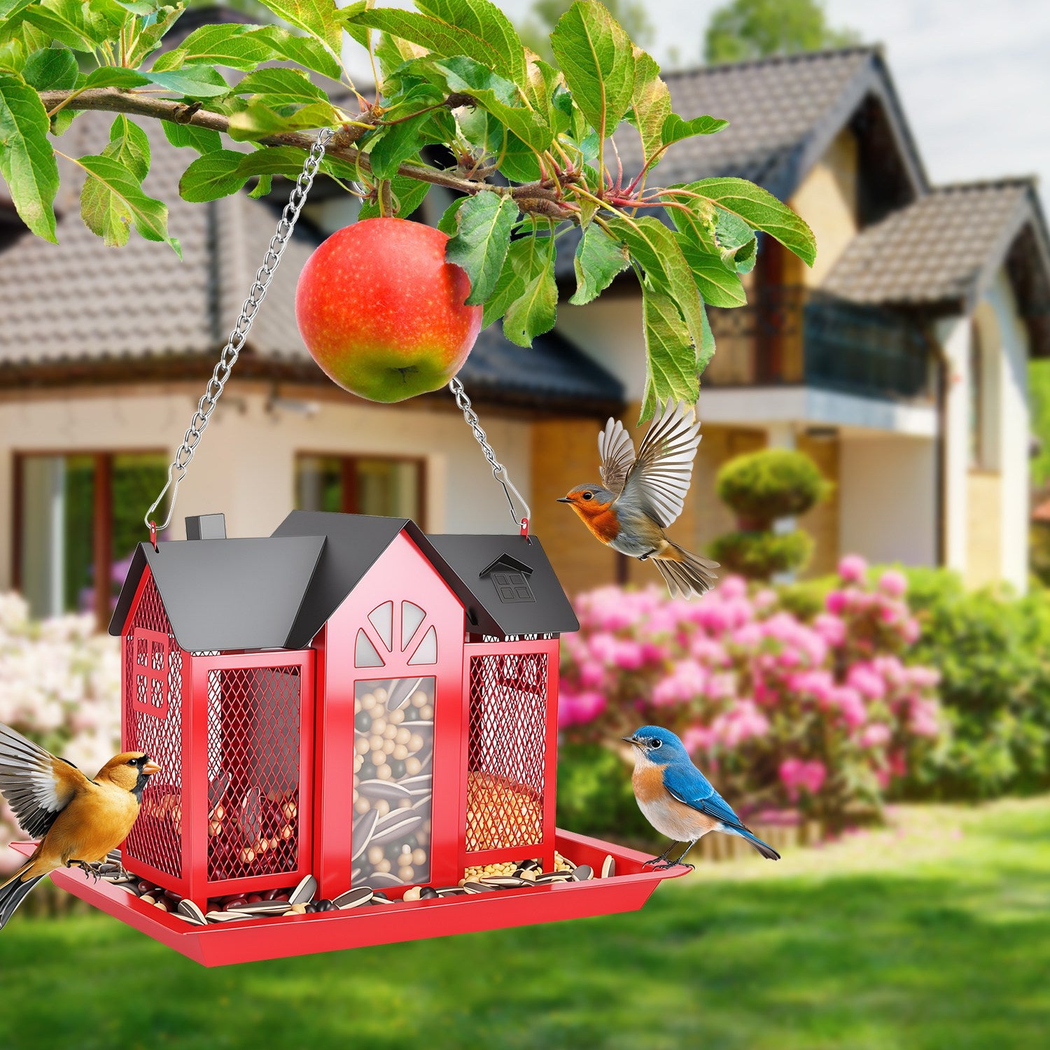 1Pc  Metal Hanging Bird Feeder House Classic Barn Bird Feeder House Iron Hanging Outdoor Feeder With Visible Window And Lift Top Lid 15.75in Hanging L