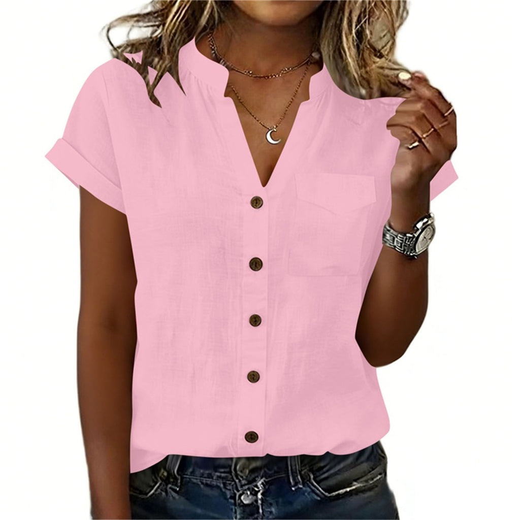 Chemise à manches courtes Elegant Solid Couleur pour femme avec poches