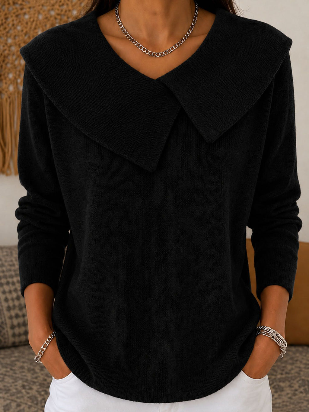Slim-fit col V Sweater Versatile Solid-color Knit Top