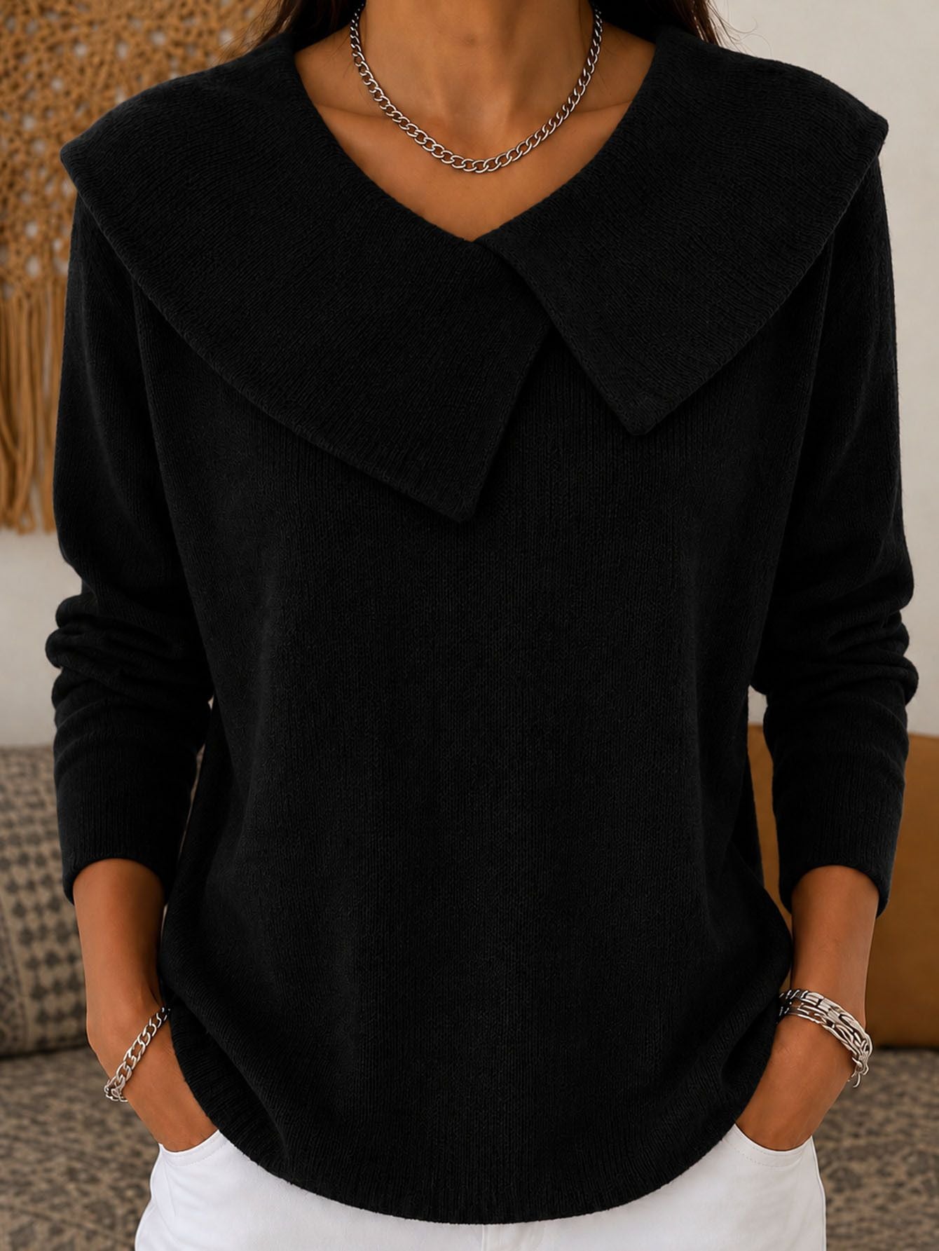 Slim-fit col V Sweater Versatile Solid-color Knit Top