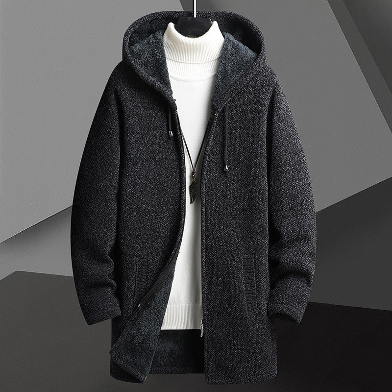 Automne d'hiver Hommes doublés de polaire mi-longueur Zipper Chandail à capuche Cardigan