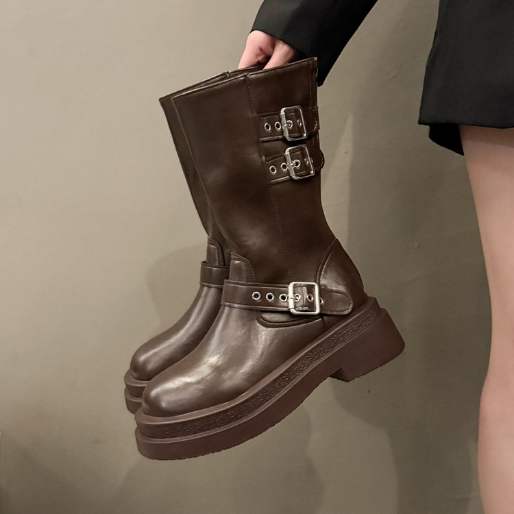 Femmes Mode Bottes souple en cuir ceinture boucle talon plat Western Cowboy Bottes été rétro R