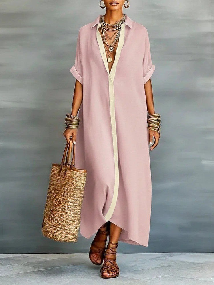 Robe de plage décontractée pour femmes manches courtes Bouton vers le bas Maxi