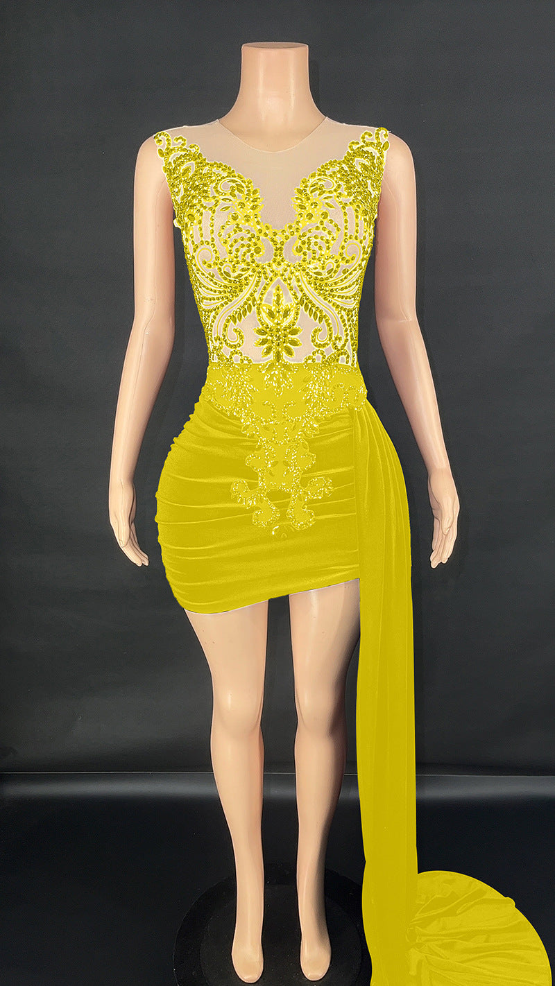 Robe de soirée de luxe d'été Femme Singer Costume de scène Robe senior Jupe latérale Trailing
