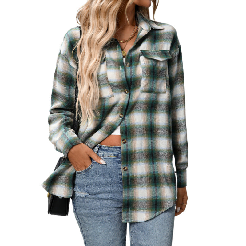 Autumn And Winter European and American Clothing Casual Fashion Loose Plaid Pocket Shirt F