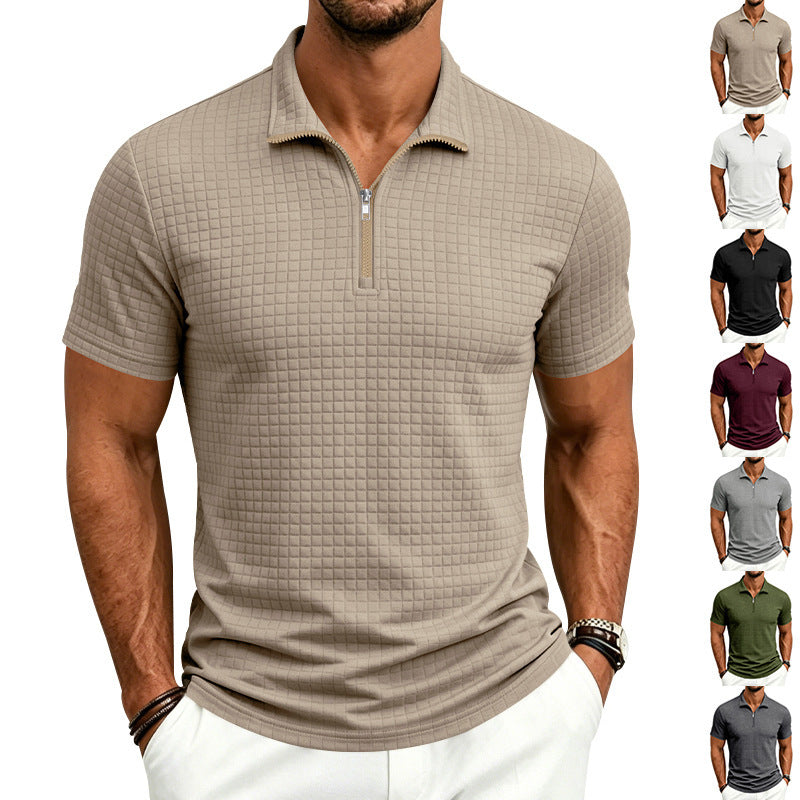 Homme Jacquard Plaid Relaxed-fit Stand-collar Polo manches courtes