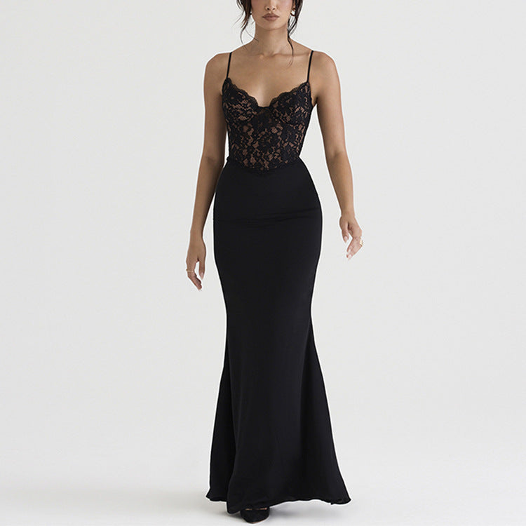 High Waist Lace Deep V Strap Fishtail Maxi Dress
