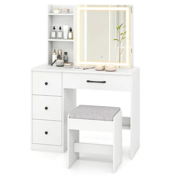 Blanc Vanity bureau et tabouret ensemble avec miroir coulissant et 3-mode LED bande de lumière