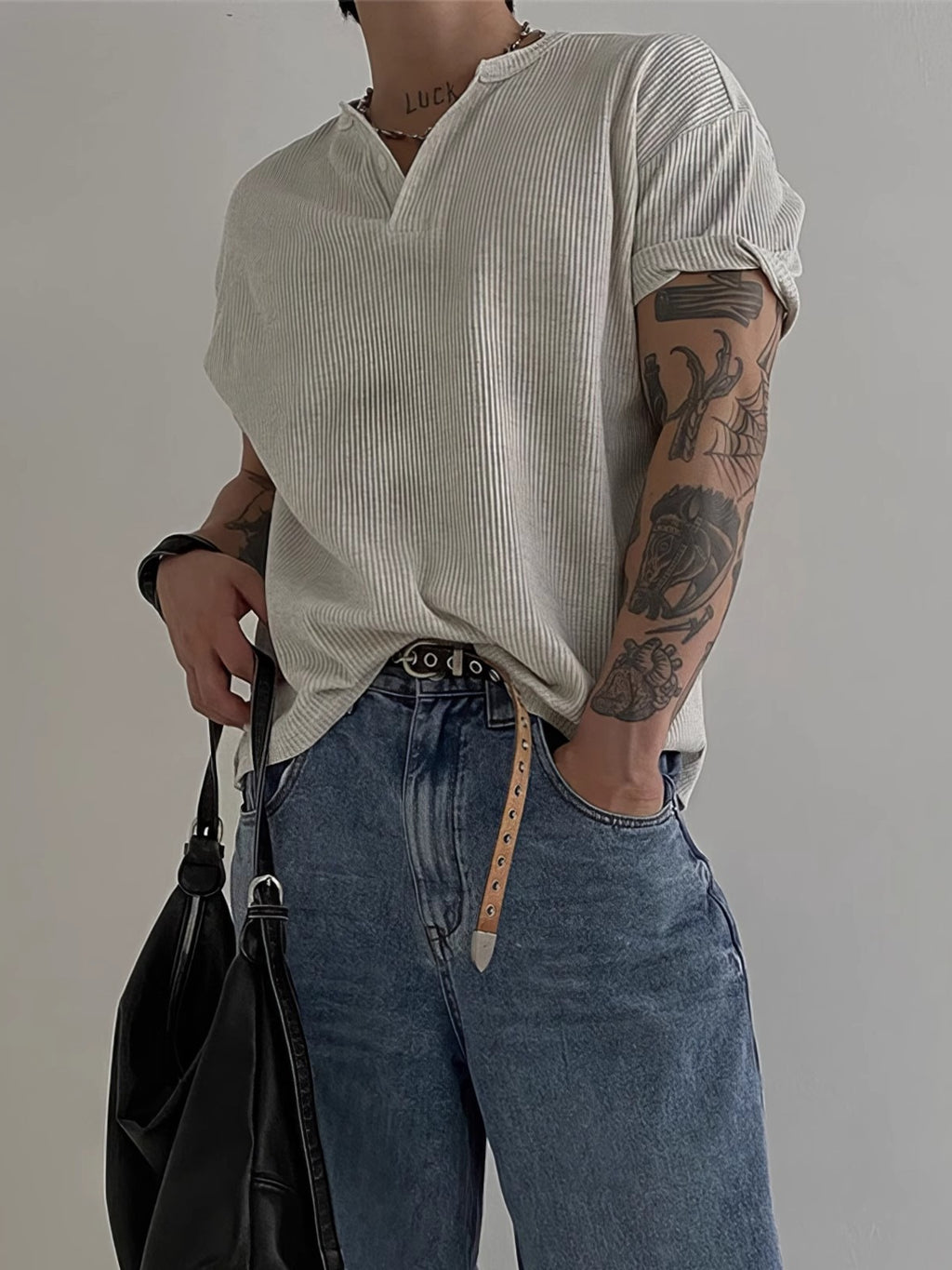 Henry Collar Waffled T-shirt à manches courtes Style américain d'été pour hommes Base simple Top Lig