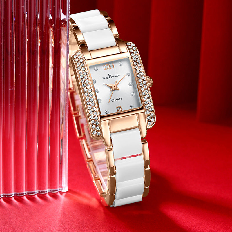 Femmes High End Quartz Square Montre avec look céramique et diamants Accents