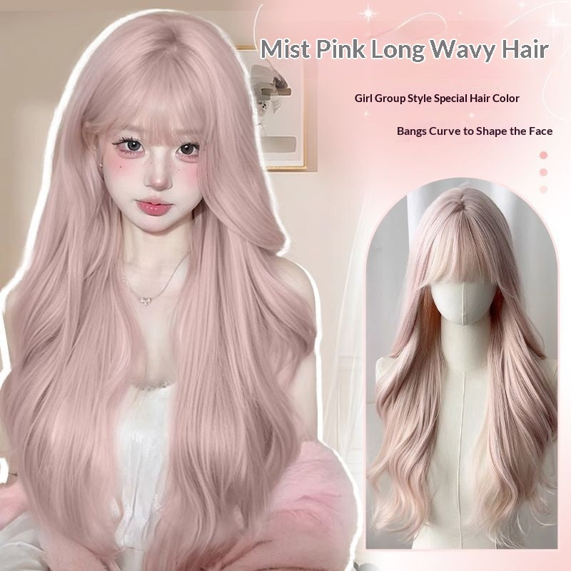 Foggy Pink-or Naturel Long Curls Perruque pleine tête