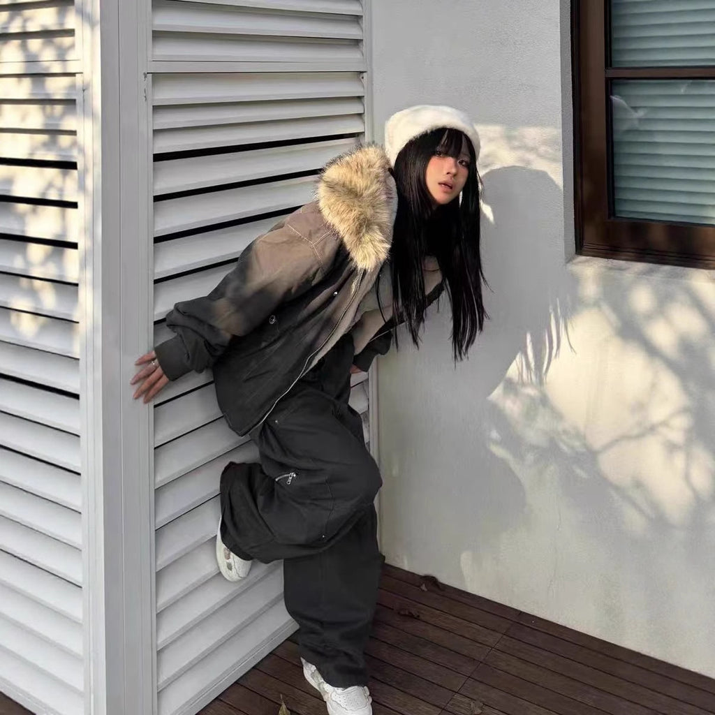 Manteau d'hiver de style américain avec un style vintage de collier de fourrure