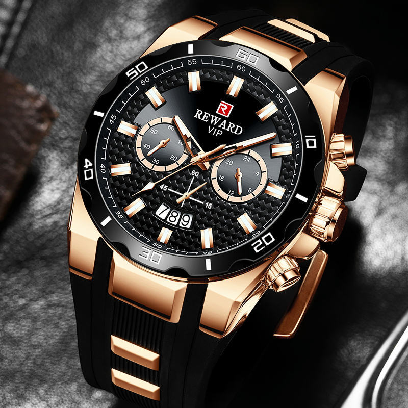 REWARD Mens Montre en noir et or avec un design cool et la fonction de calendrier