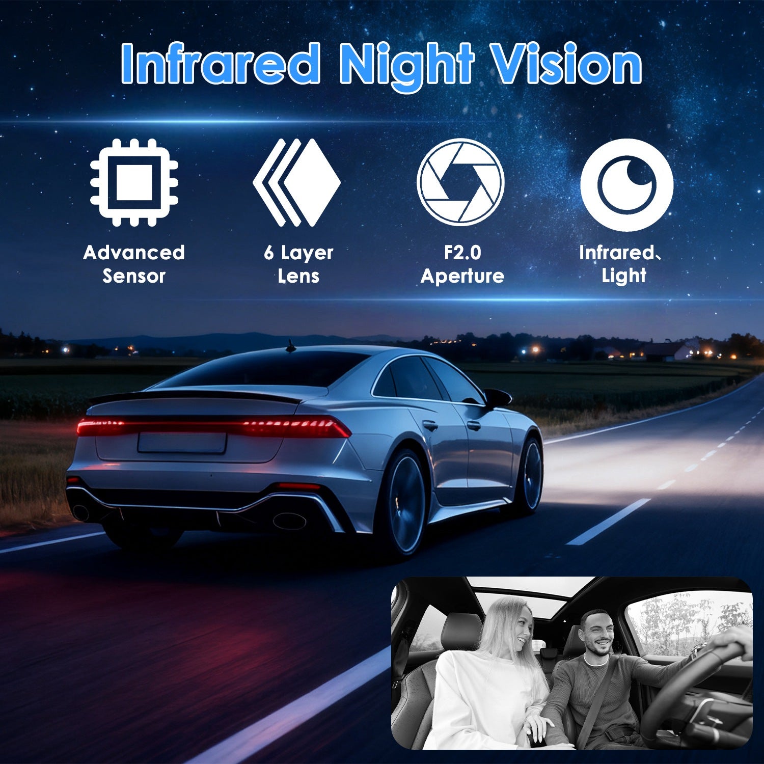 WiFi FHD 1080P 3 canaux voiture Dash Cam arrière à l'intérieur avec détection de mouvement de carte MMC 32G
