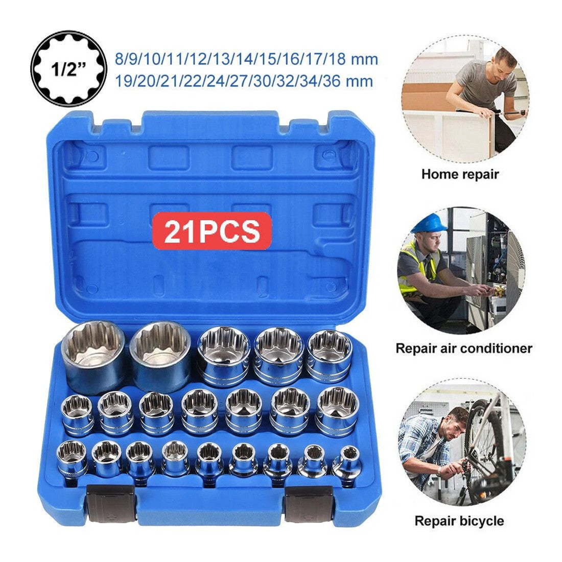 21 Pcs Half Inch Drive Ensemble de chaussettes multi-dents 8 à 36mm 12 point Sockets métriques Spline pour