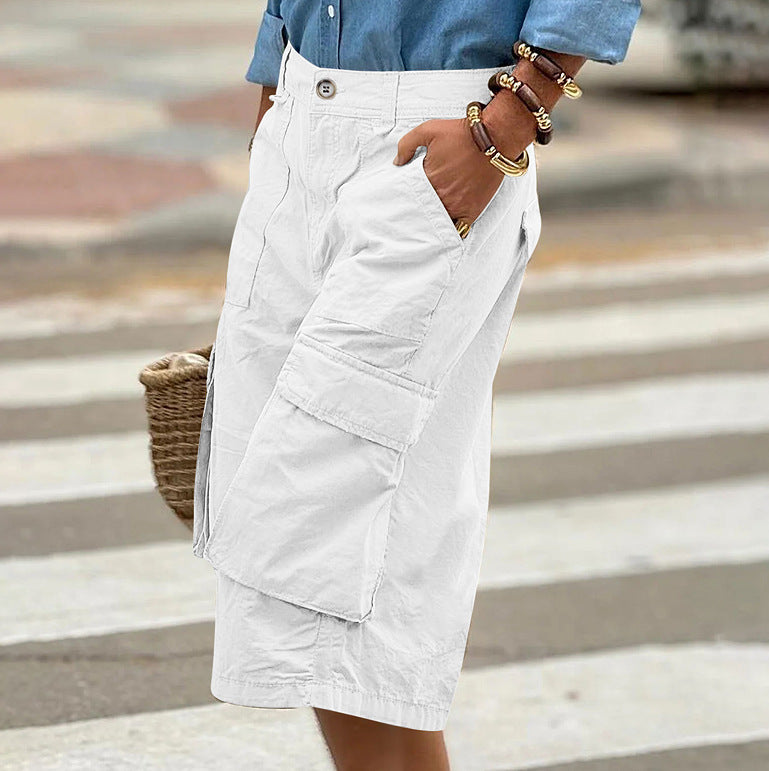 Femmes Cargo Capri Pantalons Multi Pocket High Waist Loose Large Jambe Cropped Pantalons Summer Cas