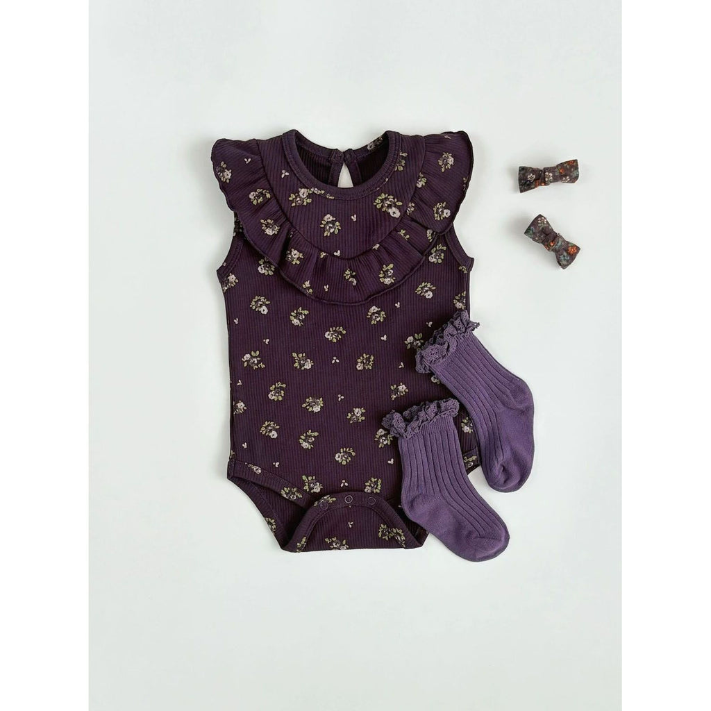 Summer Niche style Ruffled Berry-purple Floral Baby Onesie