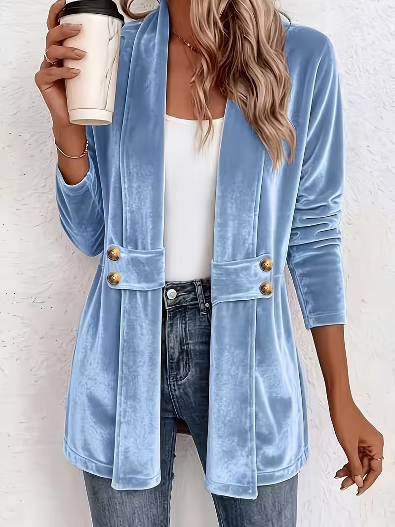 Femmes Velvet Ouvert Cardigan Avant Manches Longues Double Bouton Décor Vêtements de dessus Casual