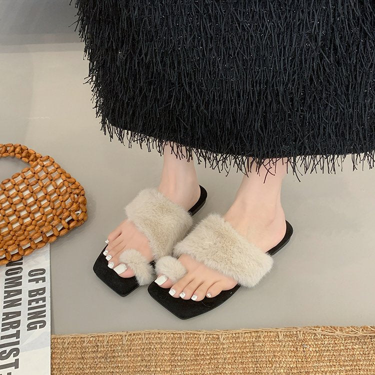 Femmes Carré orteil Croix Bande de fourrure Diapositive Léopard Imprimer Faux Fur Pantoufles plates Casual Indoo