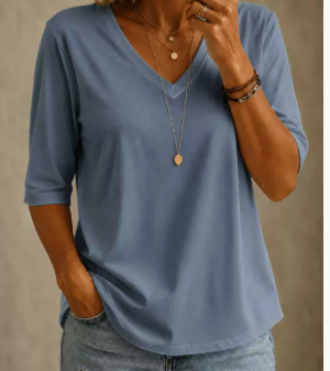 Femmes Relaxed-fit Minimalist col V T-shirt à trois quarts de manches