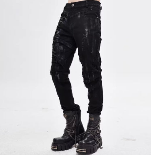 Punk Mecha hommes pantalons Slim-fit pantalons occasionnels avec un look denim lavé